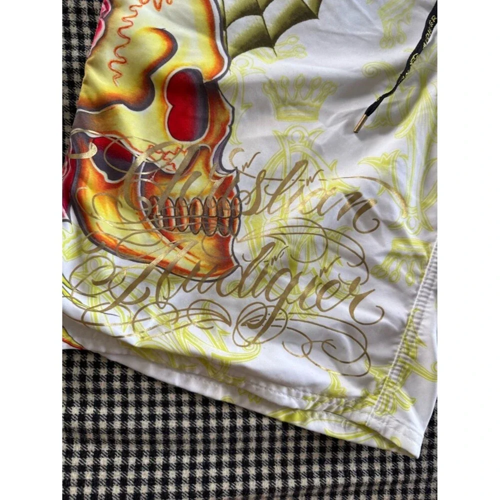 Christian Audigier Tattoo-Print Ed Hardy Board Shorts with Skull/Tiger Y2K! 💀